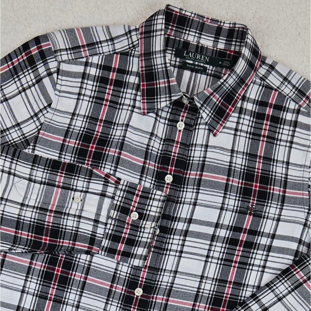 Lauren Ralph Lauren Plaid Shirt Womens M Non Iron Button Down‎ Black White Red